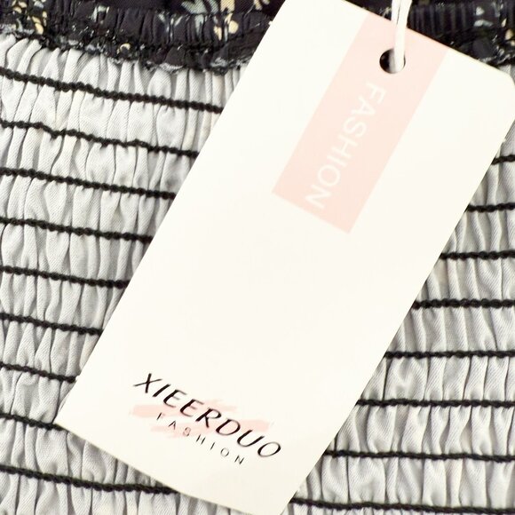 XIEERDUO FASHION Black Ditsy Floral Puff Sleeve Pleated Mini Dress XL NEW - Picture 7 of 11